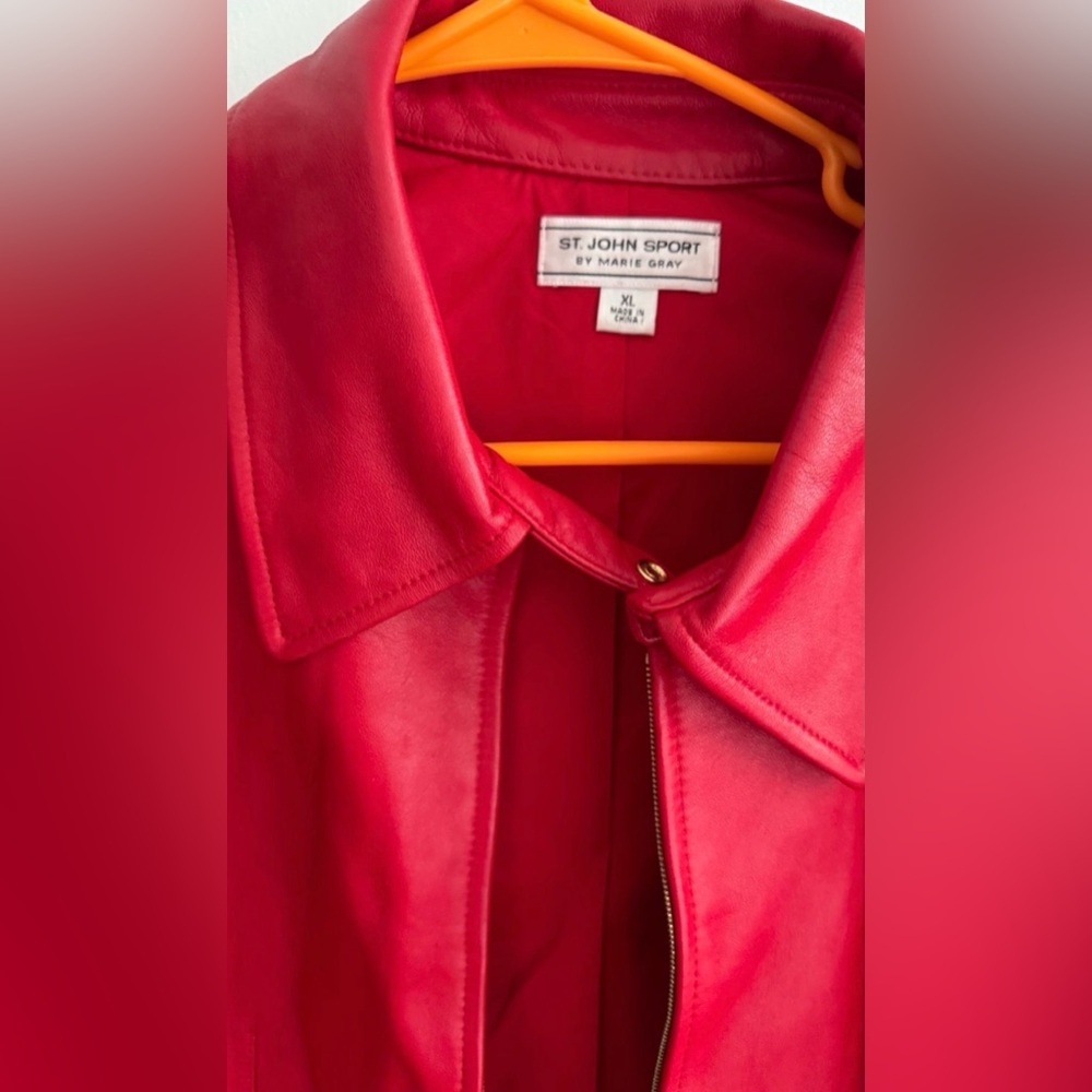 St. John Sport Genuine Leather Red Moto Jacket Women Sz XL - Picture 7 of 13